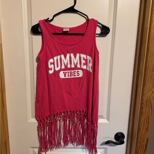 Women’s Size Small Pink Fringe Tank Top with 'Summer Vibes'